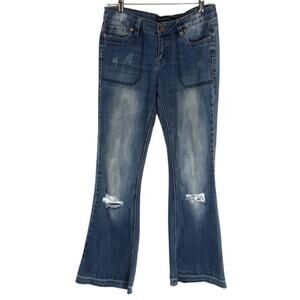 TWENTYONE BLACK Mid Rise Flared Denim Jeans Size 3/4 Juniors Distressed Grunge
